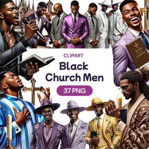 Peut inclure: Illustration numérique représentant des hommes noirs en costumes et tenues formelles. Le texte "Black Church Men" et "37 PNG" est inclus. Les hommes tiennent des livres, des micros et des croix.