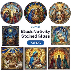 Könnte beinhalten: Eine Sammlung von Buntglasbildern, die die Schwarze Geburt Christi darstellen. Die Bilder zeigen Maria, Josef und das Jesuskind mit leuchtenden Farben und aufwendigen Details. Der Text "Black Nativity Stained Glass" und "73 PNG" ist ebenfalls vorhanden.