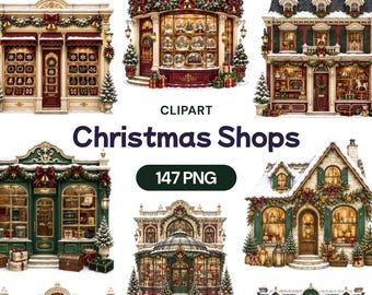 Christmas Shops Clipart, Watercolor Winter Village Storefronts, Festive PNG Bundle