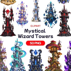 May include: A collection of digital illustrations featuring various wizard towers, including dark gothic structures with red accents, floating crystal spires, and mushroom-shaped dwellings, with the text CLIPART Mystical Wizard Towers 50 PNG.