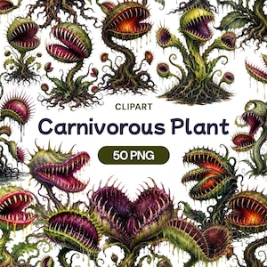 Puede incluir: Una colección de ilustraciones digitales que muestran varias plantas carnívoras con hojas texturizadas verdes y moradas, dientes afilados y bocas abiertas, junto al texto CLIPART Carnivorous Plant 50 PNG sobre un fondo blanco.