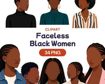 Faceless Black Woman Clipart, African American PNG, Minimalist Portrait Graphic, Trendy Girl Art, Diverse Women Decor, Flat Vector Style