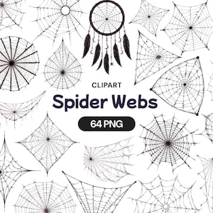 Puede incluir: Una colección de ilustraciones de telarañas en blanco y negro de diversas formas y tamaños, con un atrapasueños central con plumas y lunas. El texto dice CLIPART Spider Webs 64 PNG en una fuente oscura sobre un fondo de color blanco.