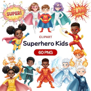 以下が含まれることがあります： 様々なポーズの多様なスーパーヒーローの子供たちのコレクションをフィーチャーしたデジタルクリップアート画像。イラストは、マント、マスク、アクションポーズのカラフルな衣装を着た子供たちを紹介しています。「CLIPART Superhero Kids」と「60 PNG」というテキストが含まれています。