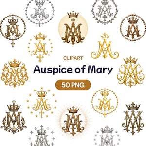 Puede incluir: Una colección de diseños de clipart Auspice of Mary con varios monogramas dorados y plateados con coronas, cruces y motivos de estrellas. El texto dice CLIPART Auspice of Mary 50 PNG, mostrando símbolos religiosos ornamentados.
