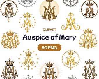 Auspice of Mary Clipart, Ave Maria Monogram PNG, Gold Marian Emblem Graphics