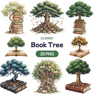 Puede incluir: Imágenes de clipart digital que presentan árboles integrados con libros. Las imágenes muestran varios diseños de árboles, incluyendo árboles que crecen de pilas de libros y libros abiertos, con el texto "Book Tree" y "25 PNG".