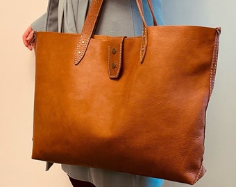 Hand Stitched Vegetable Tanned  Leather Tote Bag Extra Large