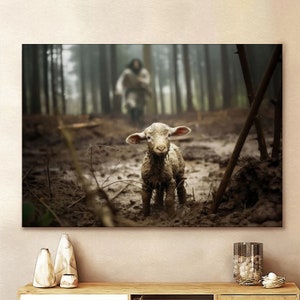Jesus Läuft nach einem verlorenen Lamm Jesus Lamm Gottes Leinwand Wandkunst Leinwand Bild Jesus Wohnkultur Gott Leinwanddrucke Jesus Leinwand Wandkunst