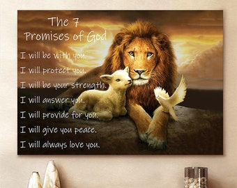 Lion Lamb Dove The 7 Promises Of God I Will Be With You I Will Protect You Wall Art Canvas Picture Jesus Canvas Prints Jesus Canvas Wall Art