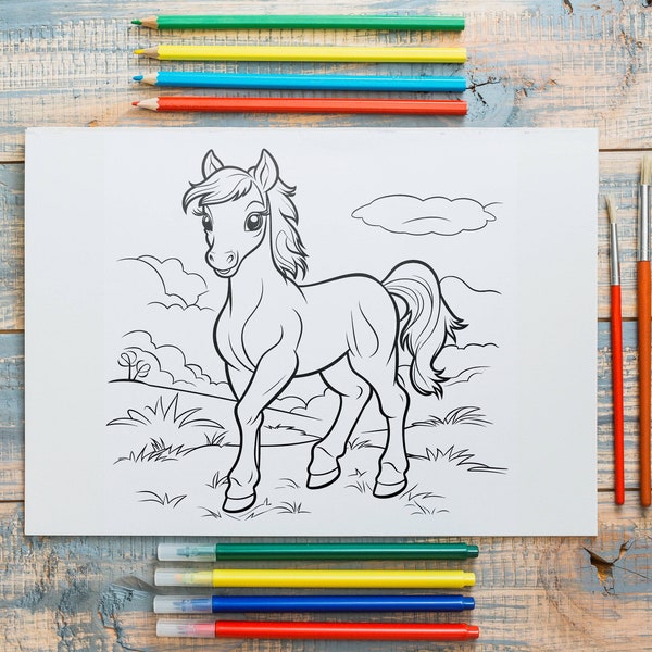 25 Cute Baby Horses Coloring Book for Kids, printable coloring sheets, foal illustrations, coloring pages, svg, digital instant download