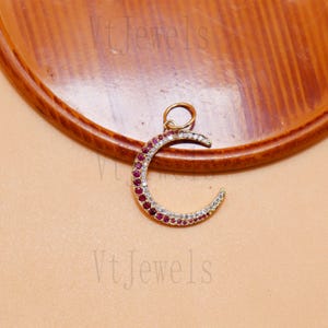 925 Sterling Silver Ruby & Diamond Simulant Crescent Moon Pendant, Two-Tone Celestial Charm