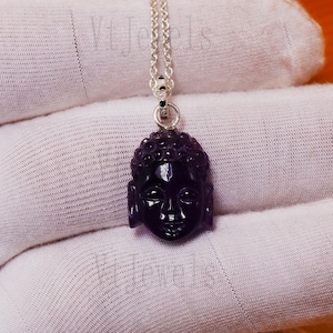 925 Sterling Silver Amethyst Buddha Head Pendant, Carved Gemstone Necklace