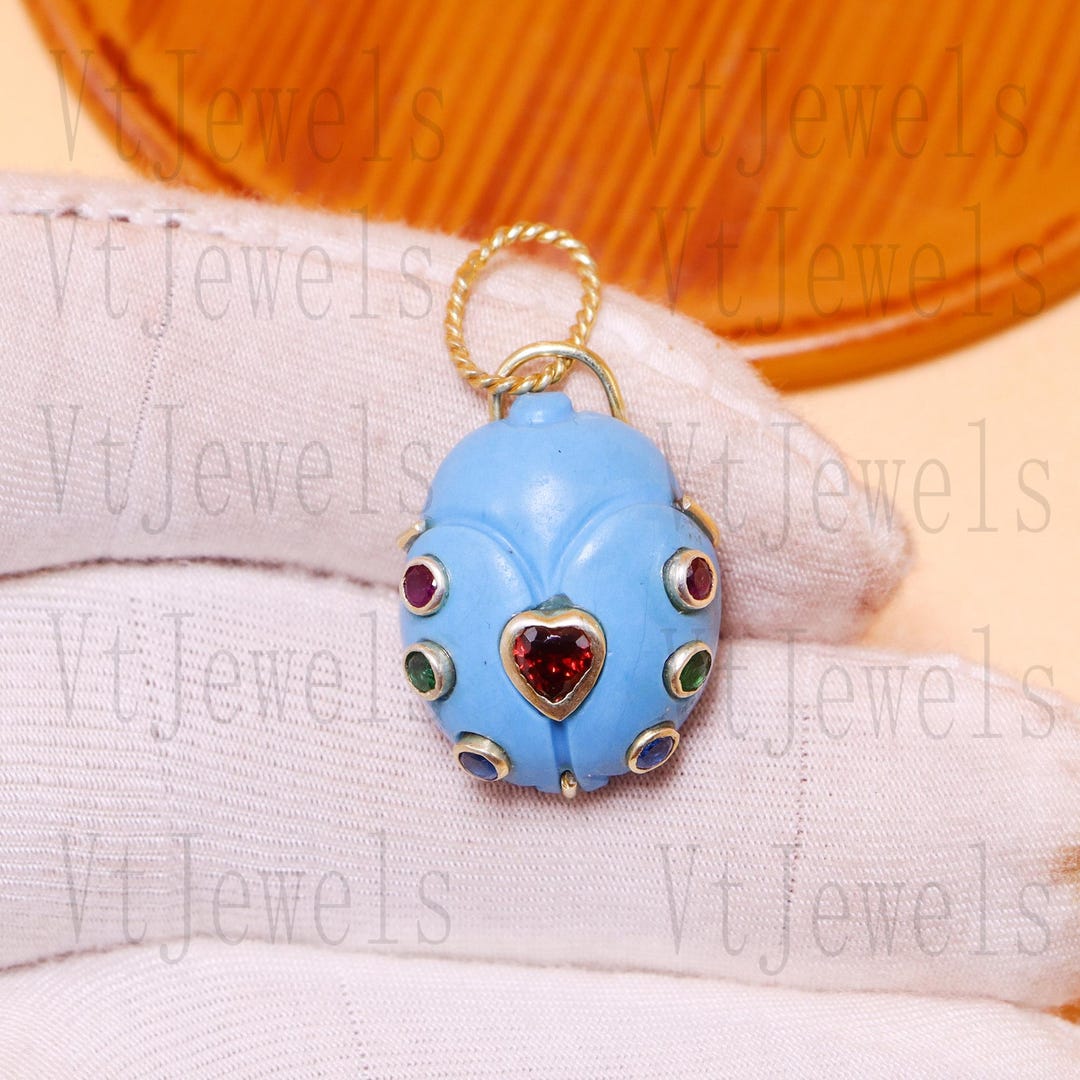 925 Sterling Silver Turquoise With Multisapphire Ladybug Carving ...
