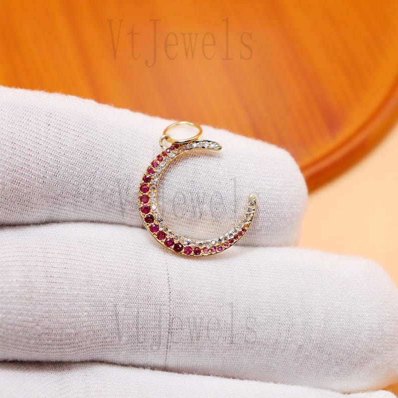 Ruby Simulant 925 Sterling Silver Ruby & Diamond Simulant Crescent Moon Pendant. - Etsy
