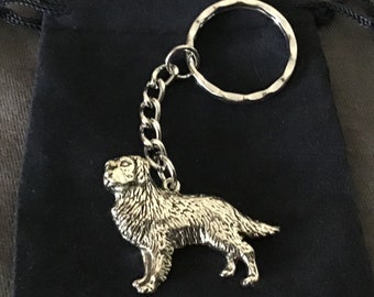 Beautiful Golden Retriever Sliver Pewter Keyring With Gift Bag