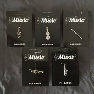 Various Music Instruments Sliver Pewter Pin Badges