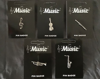 Various Music Instruments Sliver Pewter Pin Badges