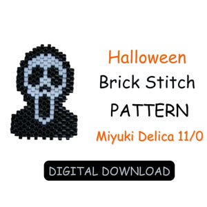 Puede incluir: Un patrón de cuentas en blanco y negro para una máscara de fantasma de Halloween. El patrón es para punto de ladrillo y utiliza cuentas Miyuki Delica 11/0. El patrón es una descarga digital.