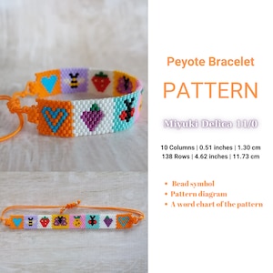 May include: A colorful beaded bracelet pattern using Miyuki Delica 11/0 beads. The pattern features hearts, strawberries, bees, butterflies, and grapes. The bracelet is 4.62 inches long and 0.51 inches wide. The pattern includes a bead symbol, pattern diagram, and a word chart.