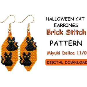 May include: A digital download pattern for Halloween cat earrings made with Miyuki Delica 11/0 beads. The pattern uses a brick stitch technique and features black cats on an orange background.