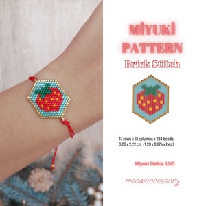 May include: A red and green beaded strawberry charm bracelet with a hexagonal shape. The bracelet is made with Miyuki Delica 11/0 beads and measures 1.20 x 0.87 inches.