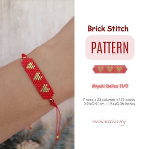 Patrón de pulsera de corazón, Miyuki Delica 11 puntada de ladrillo, joyería de corazón con cuentas, patrón de cuentas delica, cuentas de semillas Miyuki, patrón de cuentas de corazón, Miyuki