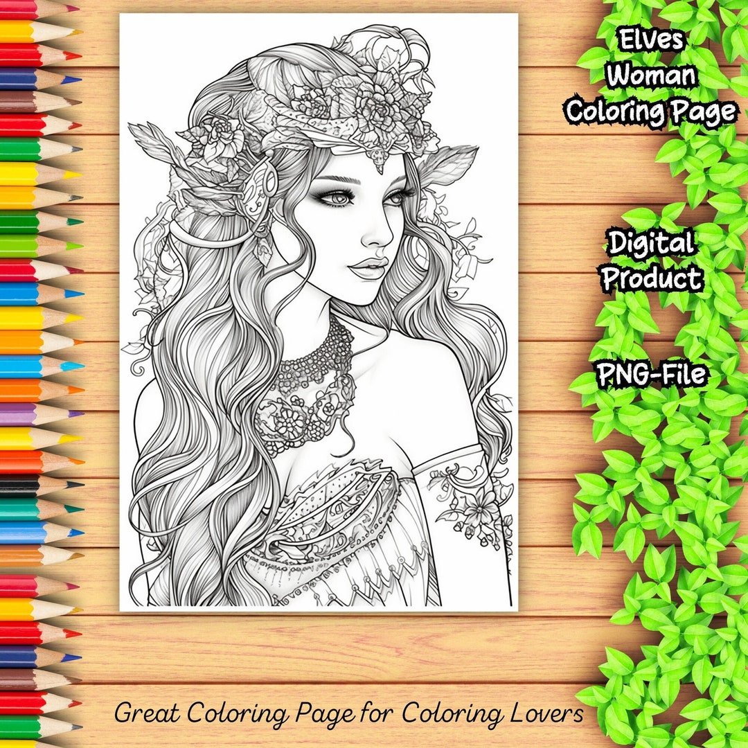 Female Elves Coloring Page Beautiful Coloring Page for - Etsy