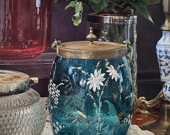 Antique Blue Glass Biscuit Barrel with Hand-Painted Floral Design and Metal Lid.