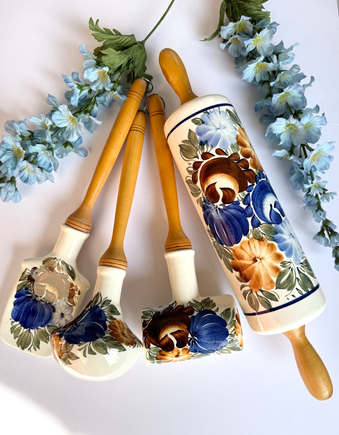 Vintage Ceramic Kitchen Utensils Set. Rolling Pin. Hand Painted Floral ...