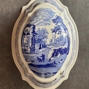 Op de afbeelding: Ovale wandbord van keramiek in blauw en wit. Het bord toont een gedetailleerd landschap met gebouwen en figuren. De rand is geschulpt en heeft een klein gat om op te hangen. Klassiek keramiekontwerp.