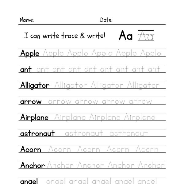 26 Trace The Words Worksheet, Printable Writing Activity, KG1 to Grade 2 ELA, Homeschool Activities,A-Z Capital Lowercase Words, Lined Paper