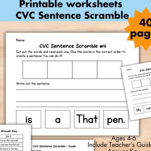 CVC Sentence Scramble Worksheets, Printable PDF 4-Word and 6-Word Cut-Paste Activity for Early Reader Ages 4-6, Preschool Kindergarten ELA