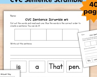 CVC 文スクランブルワークシート、印刷可能な PDF 4 単語と 6 単語の切り貼りアクティビティ（4～6 歳児向け）、幼稚園・小学校向け ELA
