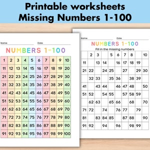 100 まで数える数字表のワークシート 印刷可能 幼稚園、スキップカウント、数字の順序を学ぶホームスクール教材、数学の欠落した数字