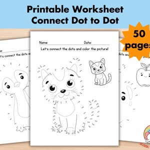 50 Connect the Dots Printable Pages, Preschool Coloring Dot to Dot worksheet for Kids, Homeschool busy book curriculum learning, Party Games