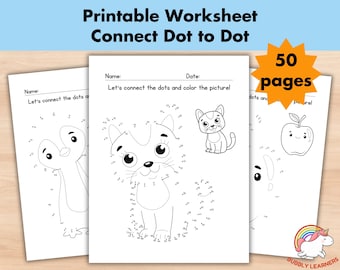 50 Connect the Dots Printable Pages, Preschool Coloring Dot to Dot worksheet for Kids, Homeschool busy book curriculum learning, Party Games