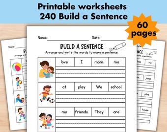 240 Build the Sentence Worksheets, Printable Sentences Writing Practice Activity, Kindergarten 1st 2nd Grade ELA Worksheet, English Practice