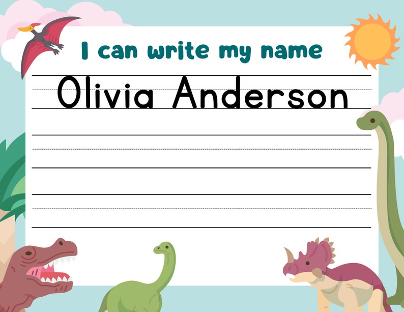Dinosaur Custom Name Tracing Sheet Personalised Name Trace Handwriting ...