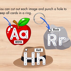 May include: Educational flashcards featuring an apple, rock, and hat, each with a letter of the alphabet. The apple is red with a green leaf, the rock is gray, and the hat is brown. The text on the cards includes the words "Apple", "Rock", and "Hat".