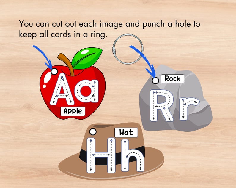 May include: Educational flashcards featuring an apple, rock, and hat, each with a letter of the alphabet. The apple is red with a green leaf, the rock is gray, and the hat is brown. The text on the cards includes the words "Apple", "Rock", and "Hat".