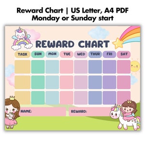 Kawaii Princess Reward Chart, Toddler Printable Unicorn Routine Chart, Kids sticker chore Tracker, Potty Training, Sleeping Chart