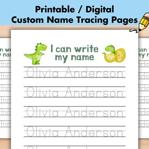May include: Printable tracing worksheet featuring a green dinosaur and a yellow egg. The worksheet has the text "I can write my name" and includes multiple lines for tracing the name "Olivia Anderson".