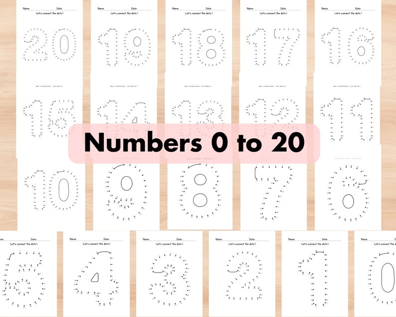 May include: A set of printable worksheets for kids to practice connecting the dots to form numbers 0 to 20. Each worksheet features a number with dots to connect in order, creating a fun and educational activity for young learners.