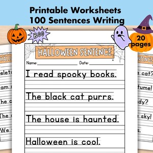 Halloween Sentence Writing Practice Worksheets, Printable Write the Sentences Activity, 1st-3rd Grade ELA Worksheets, Homeschool Activities