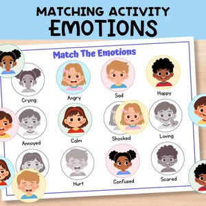 Peut inclure: Une affiche éducative blanche avec le texte "MATCHING ACTIVITY EMOTIONS" en haut. L'affiche présente des illustrations de dessins animés d'enfants exprimant différentes émotions, telles que heureux, triste et en colère. Le texte "Match The Emotions" est également présent.