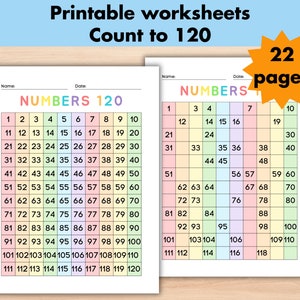 22 Tablas de números imprimibles, Hojas de trabajo para contar hasta 120, Conteo salteado para preescolar, Material para el aprendizaje del orden numérico en casa, Matemáticas: Números faltantes