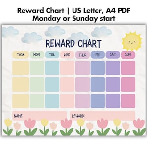 May include: A colorful printable reward chart with a sun, clouds, and flowers. The chart has spaces for each day of the week, a task section, and a space for a name and reward.