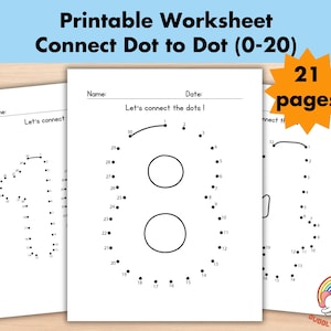 May include: A printable worksheet with 21 pages of connect-the-dots activities for kids. Each page features a different image to be created by connecting the numbered dots. The worksheet is titled "Connect Dot to Dot (0-20)" and includes the text "Let's connect the dots!"