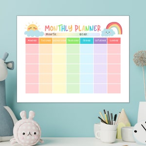 Maandplanner voor kinderen regenboog afdrukbaar, Homeschool Kids schemaplanner, maandkalender voor kinderen, instant digitale download
